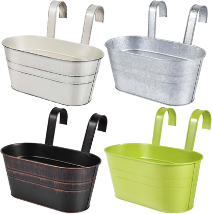 OBTANIM 4 Pack Metal Hanging Flower Pots Iron Railing Planter Outdoor Fence Hanging Pots Bucket Plant Holder with Detachable Hooks Drain Holes for Home Garden Yard Decor (Black)
