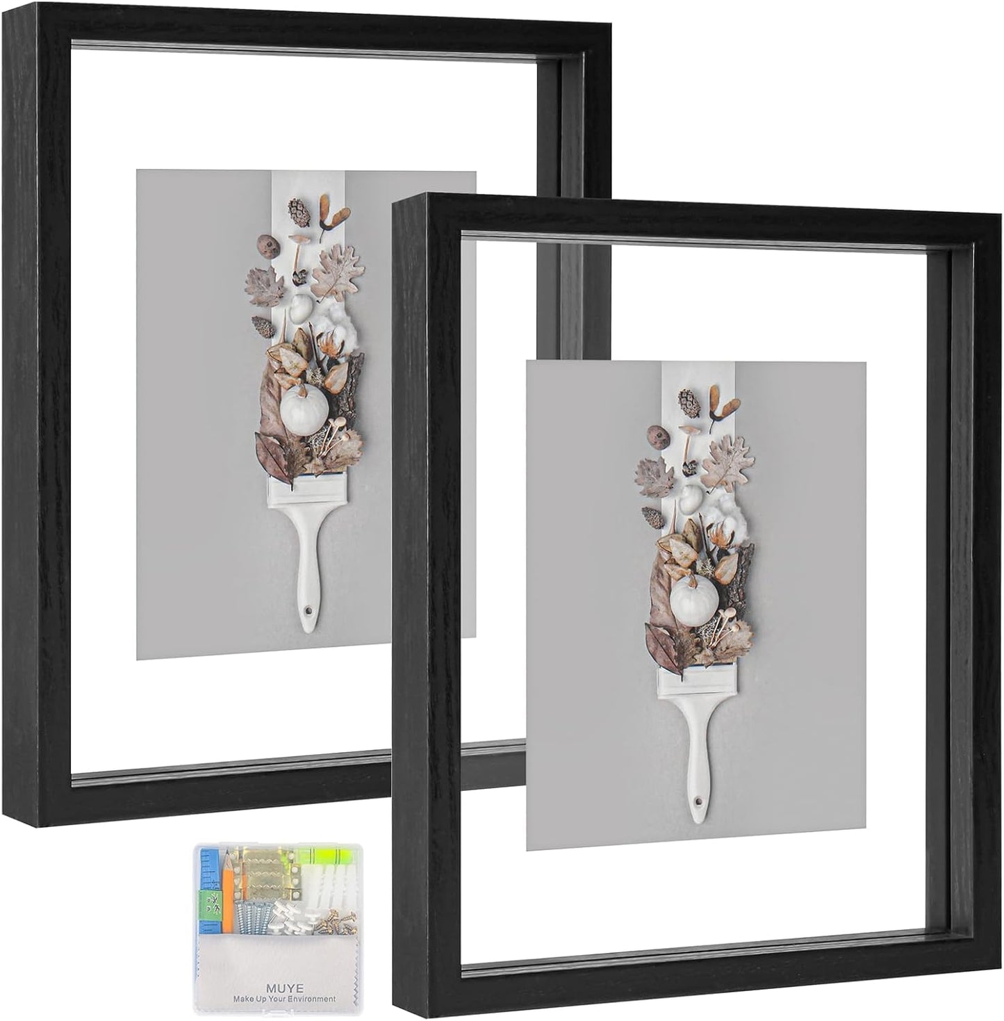 MUYE 11x14 Floating Frame Set of 2,Double Glass Rustic Frame,Display Any Size Photo up to 11x14,Wall Mount or Tabletop Standing,Natural