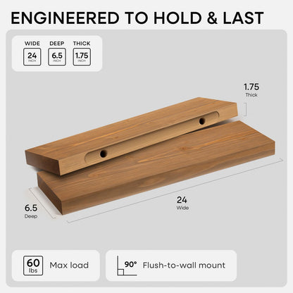 Homeforia 24 inch Natural Floating Shelf, High End Solid Real Wood 24inch Small Floating Shelves for Wall Mounted, Natural Wooden Floating Shelves, Heavy Duty Bracket, 24 X 6.5 X 1.75 in, Set of 2