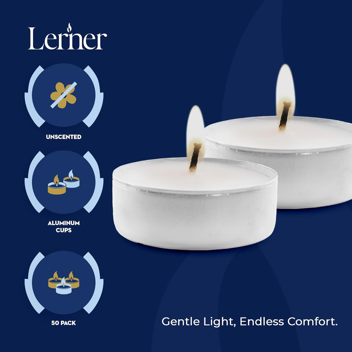 Lerner Tealight Candles, 50 Count| 4.5 Hours Long-Burning White Tea Light Candles| Non-Toxic, Smokeless & Soot-Free Tea Light Warmer Candles | Unscented Party, Décor, Shabbat Tea Candles