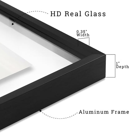 Frametory, Floating Picture Frame 12x16 - Black Aluminum Metal Photo Frame - Real Glass of Front - for Wall Mount Display