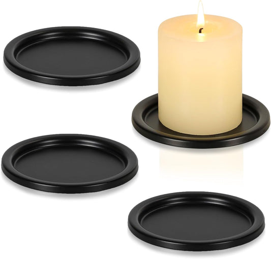 Black Iron Plate Candle Holder- Set of 4 |3.8" D x 0.2" H| Decorative Iron Pillar Candle Plate, Elegant Candle Stand for LED & Wax Candles, Incense Cones, Spa, Weddings (4 pcs)