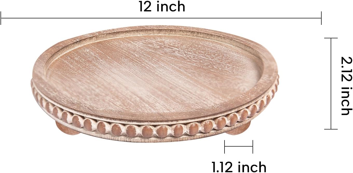 HPC Decor 12in Round Wood Tray - White, Distressed, Farmhouse Rustic - Decorative Tray for Living Room, Coffee Table, Kitchen Table or Farmhouse Serving Tray