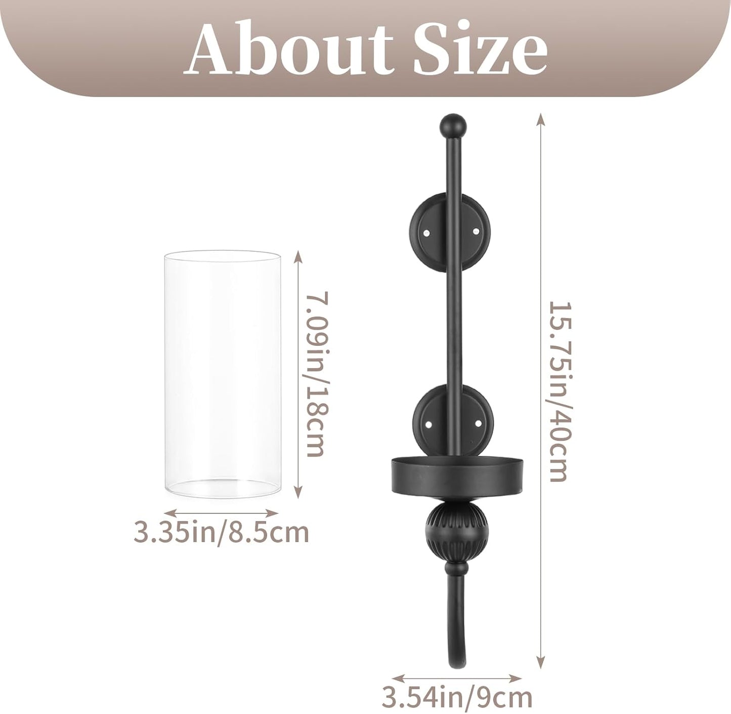 Sziqiqi Wall Candle Sconces Black: Wall Candle Holder Set of 2 for Pillars with Hurricane Glass - Wall-Mounted Metal Candleholder for Living Room Bathroom Bedroom