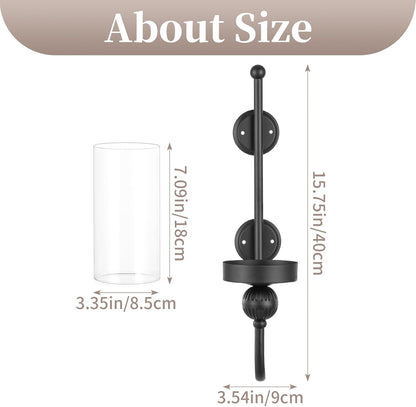 Sziqiqi Wall Candle Sconces Black: Wall Candle Holder Set of 2 for Pillars with Hurricane Glass - Wall-Mounted Metal Candleholder for Living Room Bathroom Bedroom