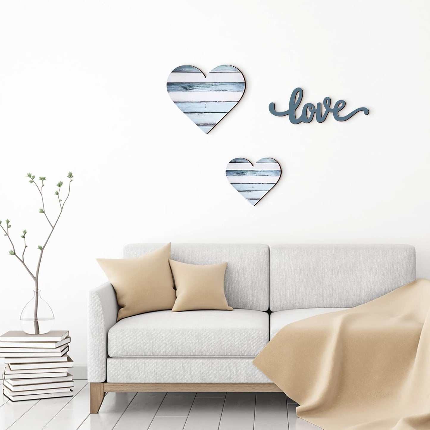 3 Pcs Wooden Hearts Decor Heart Wooden Sign Rustic Hanging Love Plaque for Wall Home Farmhouse Living Room Bedroom Gifts(White)