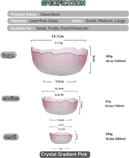 Glass Salad Bowl Irregular Lotus Flower Shape Serving Bowls, Mixing Nut Bowls for Kitchen Fruist, Snack, Dessert, and Ice Cream Candy Dishes (Crystal Gradient Pink, 6.5")