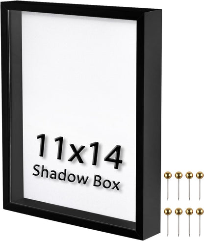 8x10 Shadow Box Frame | Soft Linen Back & Push Pins Included, Polystyrene Glass Memory Display Case for Flowers, Tickets & Cherished 3D Items, Black