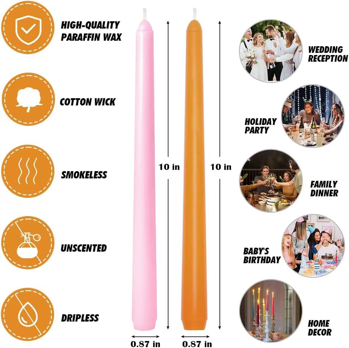 12-Pack Earth Tone Taper Candles, 10 Inch Unscented Dripless Candlesticks, Long-Lasting Burn Time of 7-8 Hours, Perfect for Fall Harvest Halloween Thanksgiving Dinners Parties and Home Décor