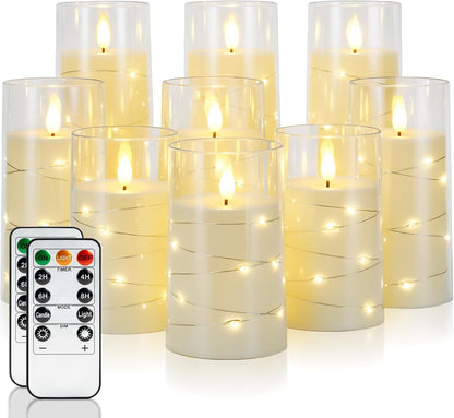 Homemory Flameless Candles with Embedded Star String Fairy Lights, Battery Operated Candles, LED Candle, Fake Candles with Remote Control and Timer for Halloween, Gray Acrylic, Set of 5(H4"5"6"8"8")