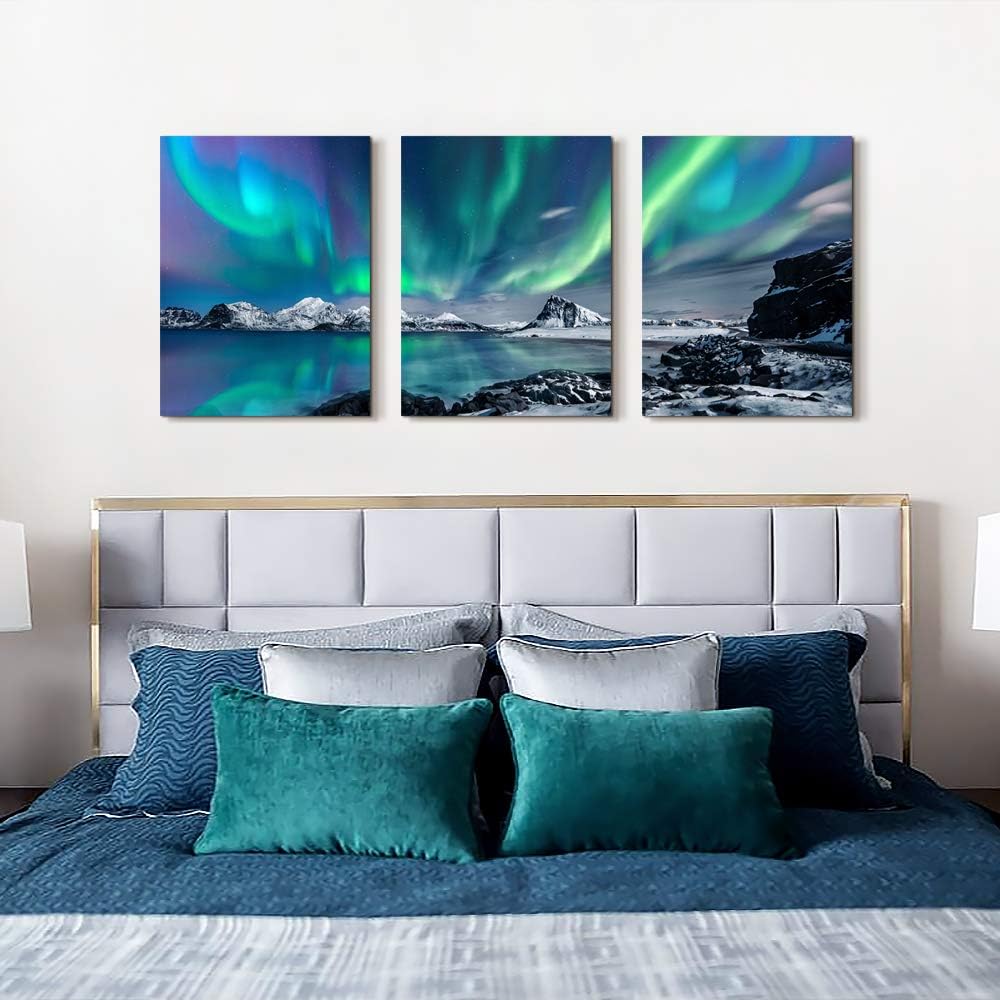 MHARTK66 Wall Art for Bedroom Wall Decor for Living Room Office Decor Abstract Mountain Aurora Landscape Painting 3 Piece Scenic Framed Canvas Art Prints Ready to Hang Kitchen Wall Pictures Home Decor