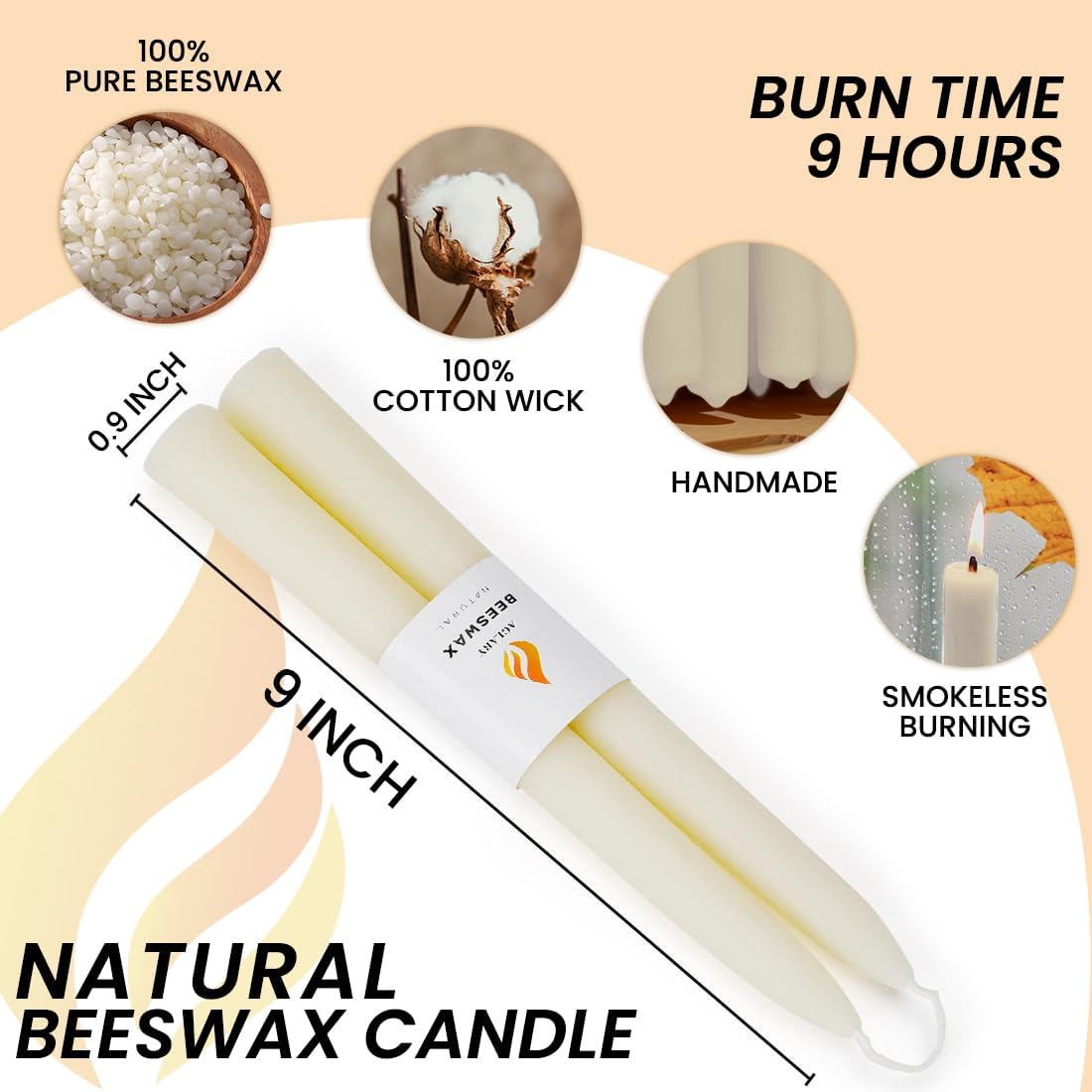 16PCS Beeswax Taper Candles, 9" Handmade Natural Candles, Dripless and Smokeless，9 Hour Burn Time