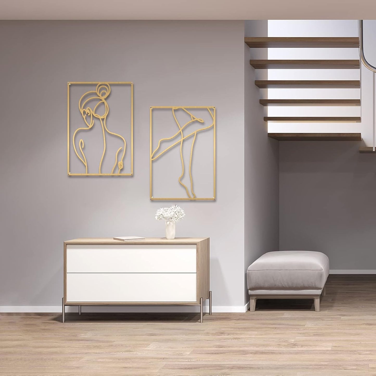 Glamativity 4 Pack Gold Wall Art Decor, Minimalist Single Line Real Metal Wall Art, Woman's Body Shape Abstract Wall Art (Gold Classic Style, 17 x 11.8'')
