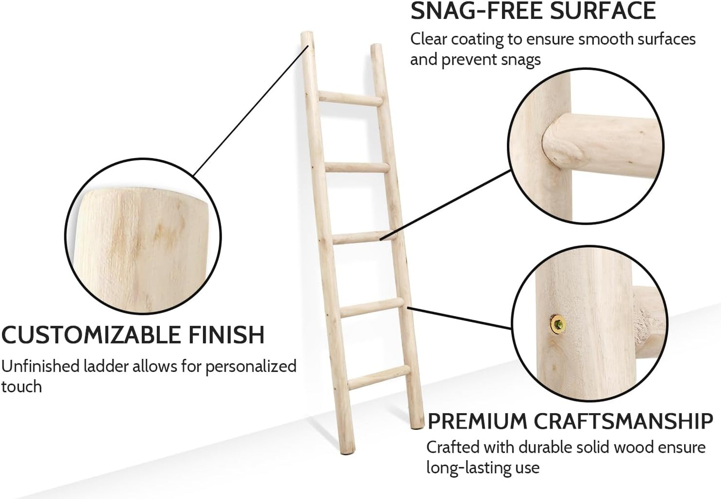 FUIN 57in Wood Blanket Ladder Living Room Decorative Wall Leaning Farmhouse Quilt Display Holder Rustic Wooden Towel Rack for Bathroom, Brown