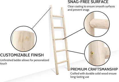 FUIN 57in Wood Blanket Ladder Living Room Decorative Wall Leaning Farmhouse Quilt Display Holder Rustic Wooden Towel Rack for Bathroom, Brown