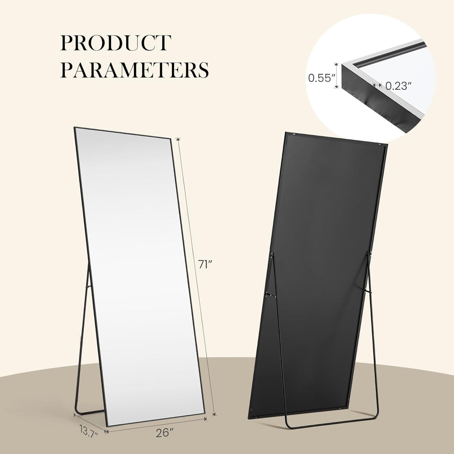 DUMOS Arched Full Length Mirror with Stand 64"x21" Floor Standing Aluminum Frame for Bedroom Body Hanging Leaning Modern Simple Home Decor Shatter-proorf Nano Glass Wall Living Room Cloakroom Black