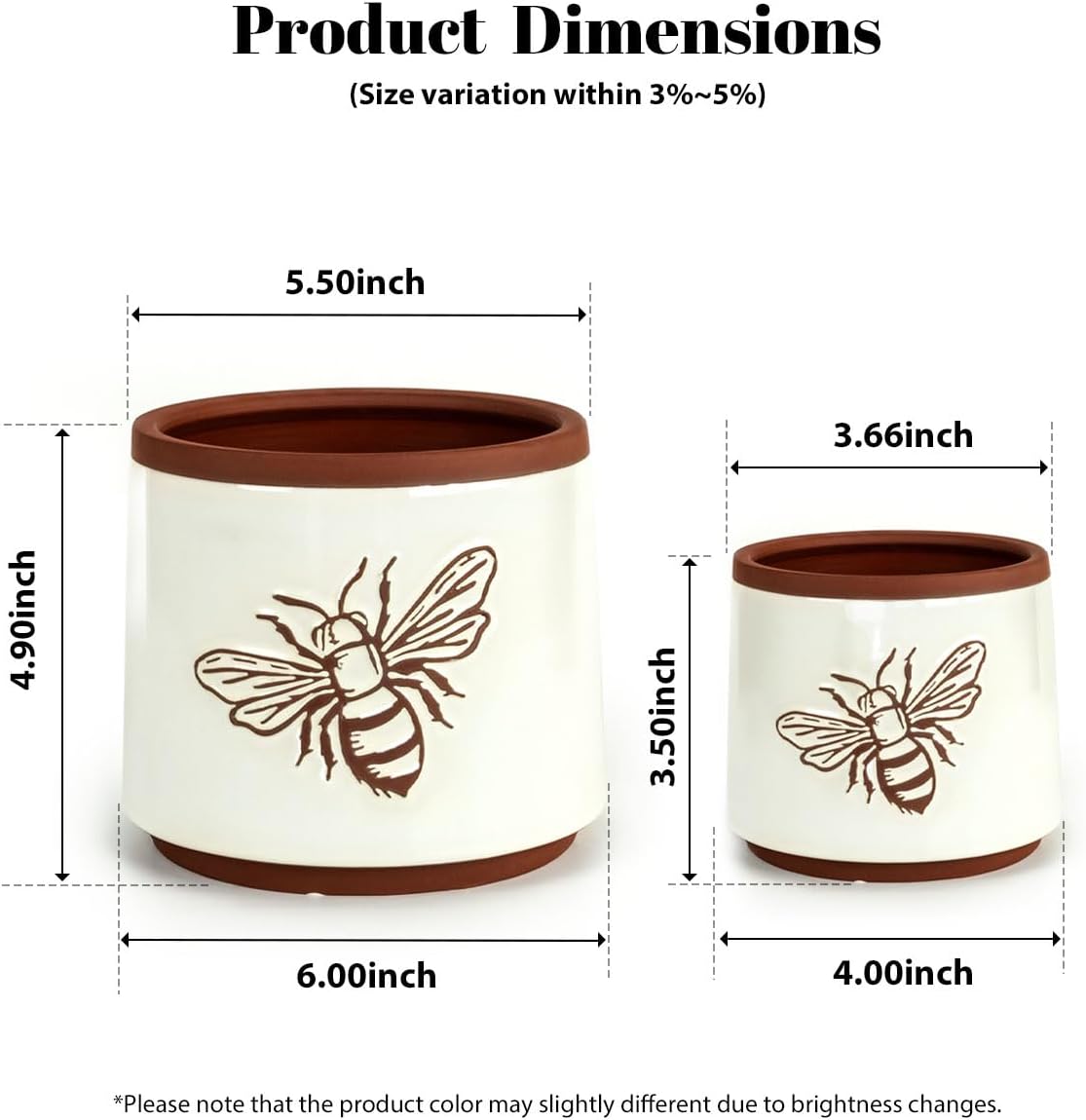 YBX 8 Inch + 6 Inch Ceramic Plant Pots, Succulent Flower Pots with Drainage Holes, Terracotta Planters for Indoor Plants, White&Terracotta (Garden)