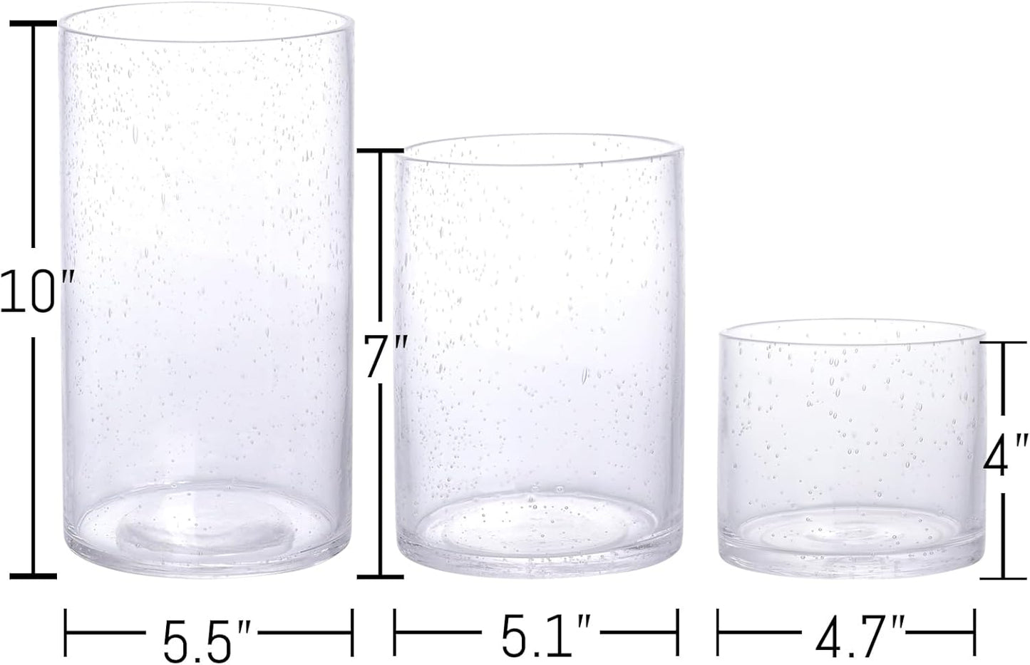 NITIME Hurricane Candle Holder Set of 3 Clear Candle Holders for Pillar Candles, Seeded Bubbles Glass Candle Holder for table centerpiece, Glass Cylinder Vases for Home, Patio and Wedding 8"4.7"3.5"H