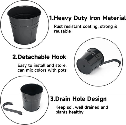 KINGLAKE Flower Pots,10 Pcs Metal Iron Hanging Flower Plant Pots Balcony Garden Plant Planter Baskets Fence Bucket Pot 4'' Flower Holders with Detachable Hook