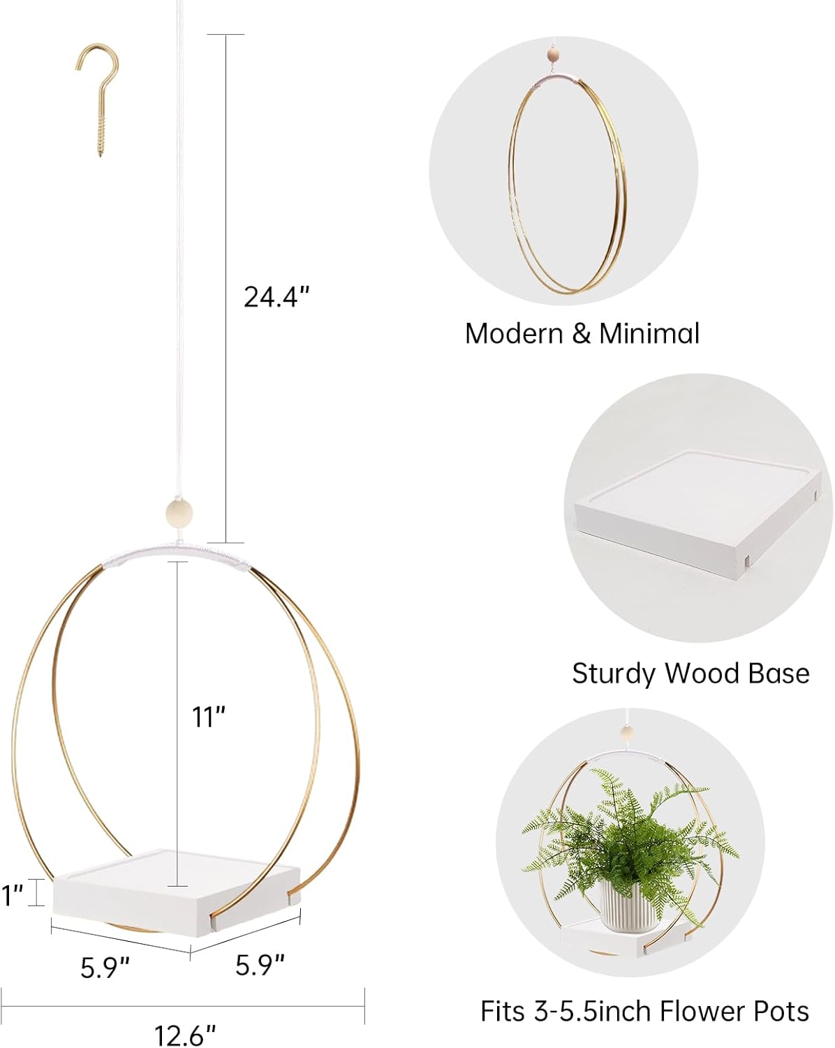 Hanging Planter for Indoor Plants, Black Plant Hanger Indoor with Sturdy Wood Base, Modern Boho Macrame Plant Hanger for 3-5.5 Inch Pot, Hanging Wall Ceiling Window Home Decor (Pots Not Included)