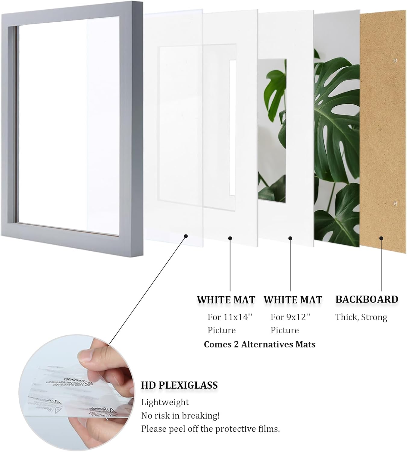 Egofine 12x16 Picture Frame Black, Covered by Plexiglass Made of Solid Wood, Display Pictures 9x12 and 11x14 with Mat or 12x16 Without Mat, for Wall Mounting Photo Frame - Colors A