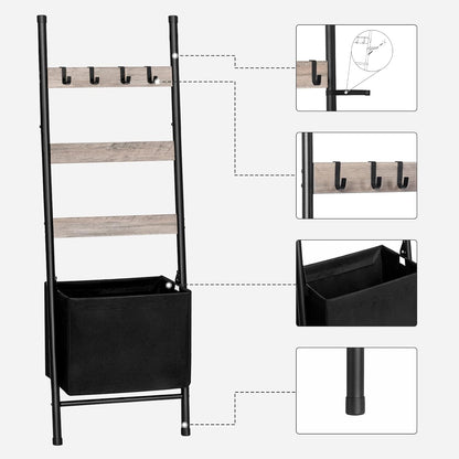 HOOBRO Blanket Ladder with Basket, 17.3”L x 63.4”H, Towel Rack with Hooks, Blanket Holder Rack, Decorative Ladder Shelf, Drying and Display Rack for Bathroom, Living Room, Rustic Brown BF31CJ01