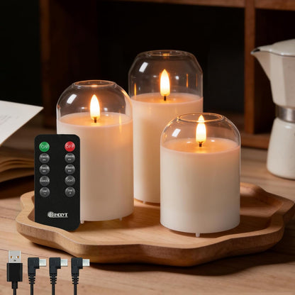 Rechargeable Flameless Glass Pillar Candles–Gifts for Women,–Set of 3, Realistic Flickering LED Light,Remote & Timer, Ideal for Living Room, Bedroom & Festival Wedding Home Party Decor
