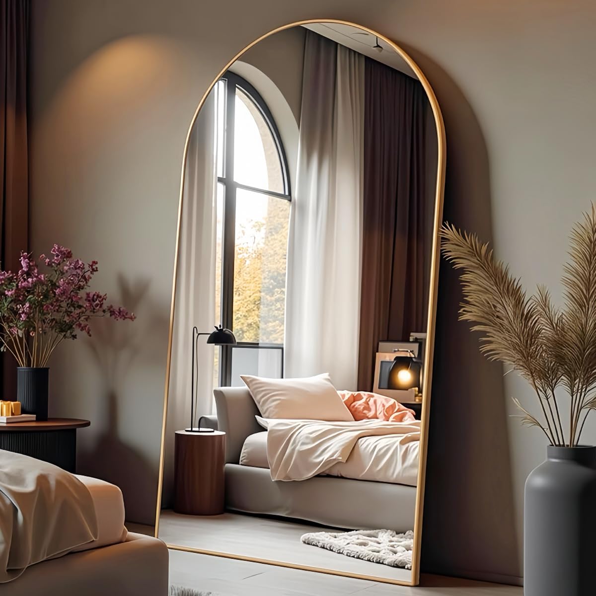 ITSRG Floor Mirror, Full Length Mirror with Stand, Arched Wall Mirror, Gold Floor Mirror Freestanding, Wall Mounted Mirror for Bedroom Living Room, Gold