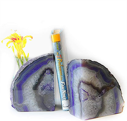 JIC Gem Dyed Blue Agate Bookends Geode Decorative Book Ends for Heavy Books with Rubber Bumpers for Office and Home Decoration Polished Small Size 2 to 3 Lbs