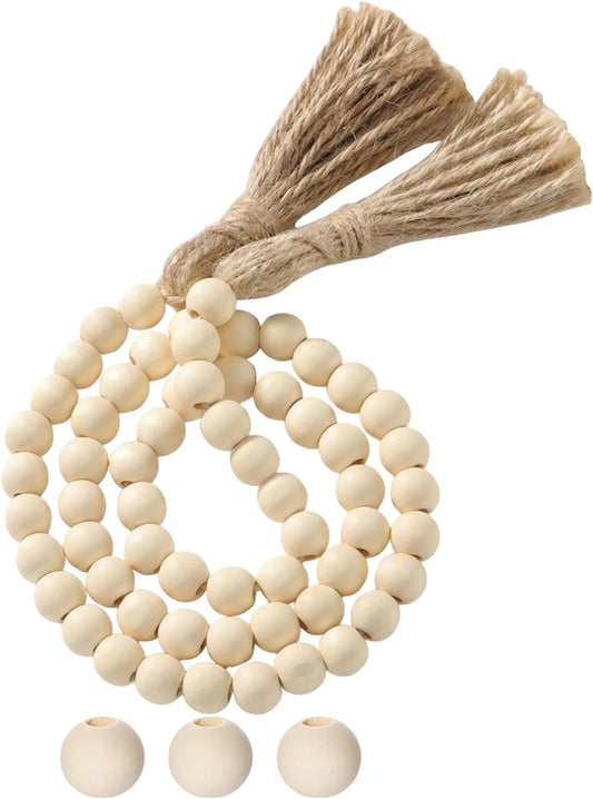 Equsion Seasonal Wooden Bead Garland with Tassels, 3.3 ft Holiday Vintage Boho Bead Garland Easter Tray Decoration, Vase Wall Room Art Birthday Party Decoration(Pink)