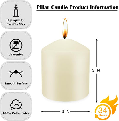 12 Pack Ivory 2x3 Inch Pillar Candles, 22 Hours Unscented Column Candles, Dripless Smokeless Unscented Candles for Home Weddings Restaurant Spa Church and Emergency