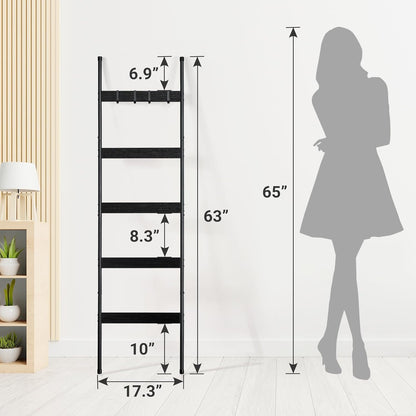 ELYKEN Blanket Ladder for Living Room, Farmhouse 5-Tier Quilt Holder with 4 Removable Hooks for Bathroom, Wood Towel Rack Display, Wall Anchor Leaning Decorative Stand for Home, Rustic Brown