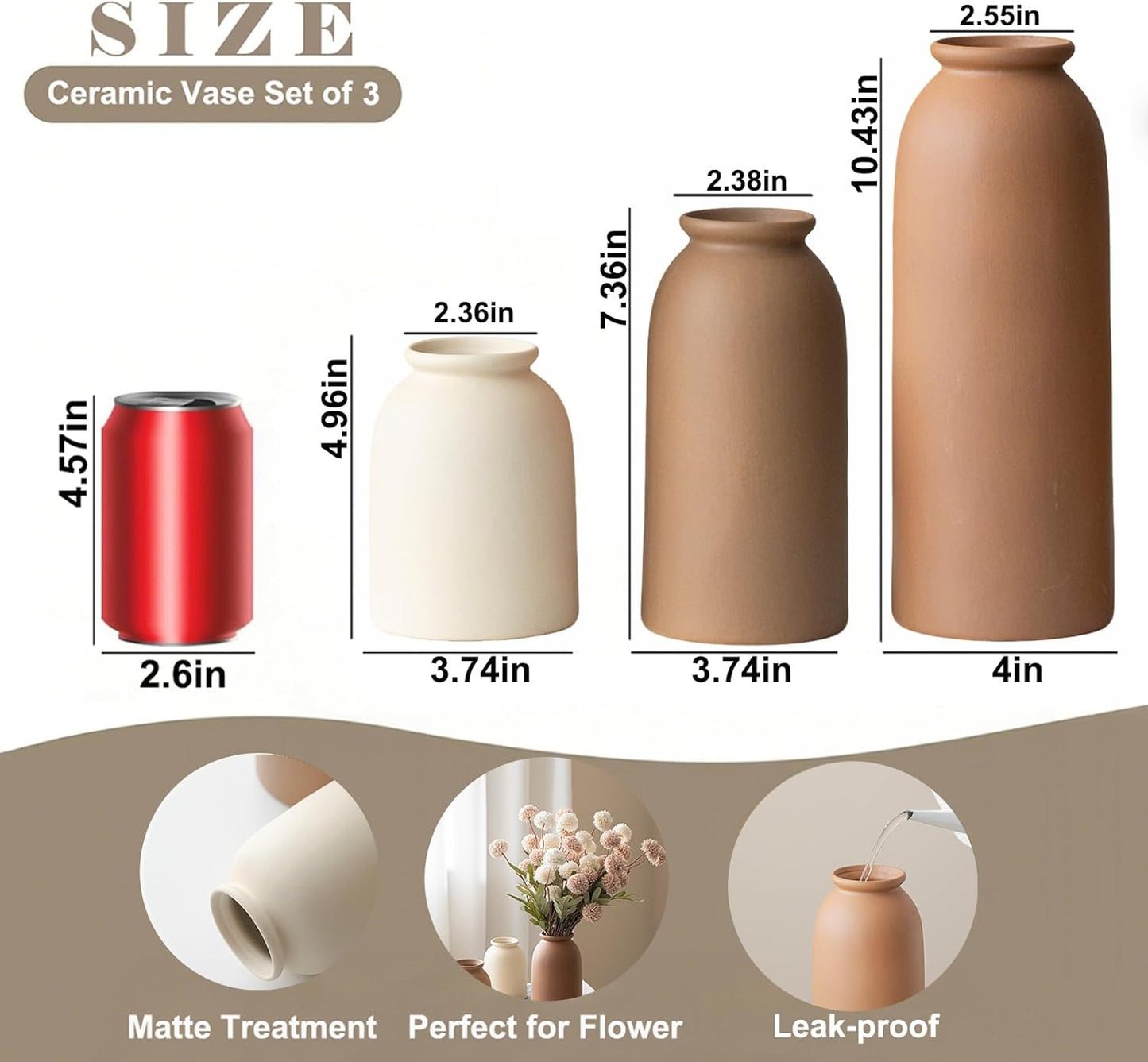 10.4 inches Tall Decorative Ceramic Vase Set, 3 Pieces, Nordic Modern Boho Style, White, Modern Farmhouse for Home Decor (Coffee Mix)