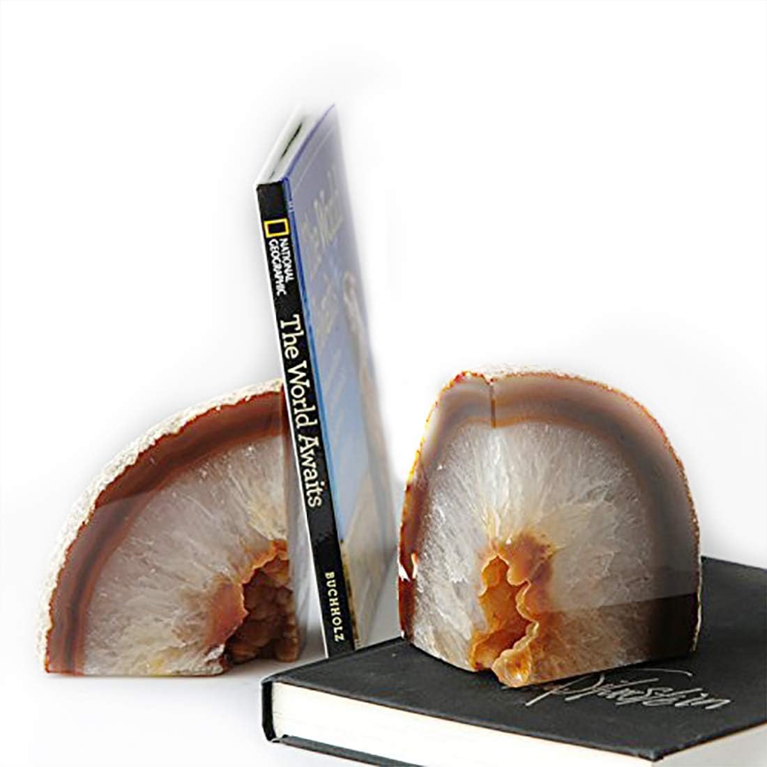 JIC Gem Dyed Blue Agate Bookends Geode Decorative Book Ends for Heavy Books with Rubber Bumpers for Office and Home Decoration Polished Small Size 2 to 3 Lbs