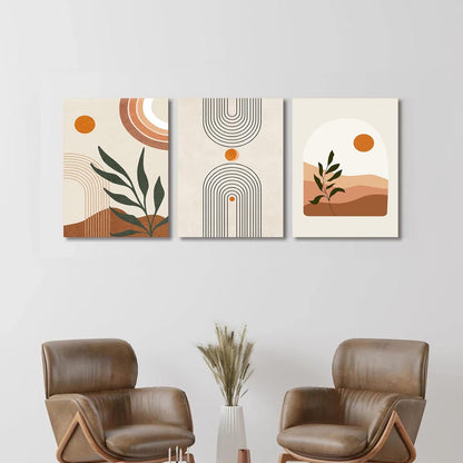 Sage Green Boho Wall Art Set of 3, Minimalist Framed Wall Art Geometric Line Leaf Sun Moon Beige Green Canvas Artwork Paintings, Abstract Botanical Boho Room Decor, Office, 12"x16"
