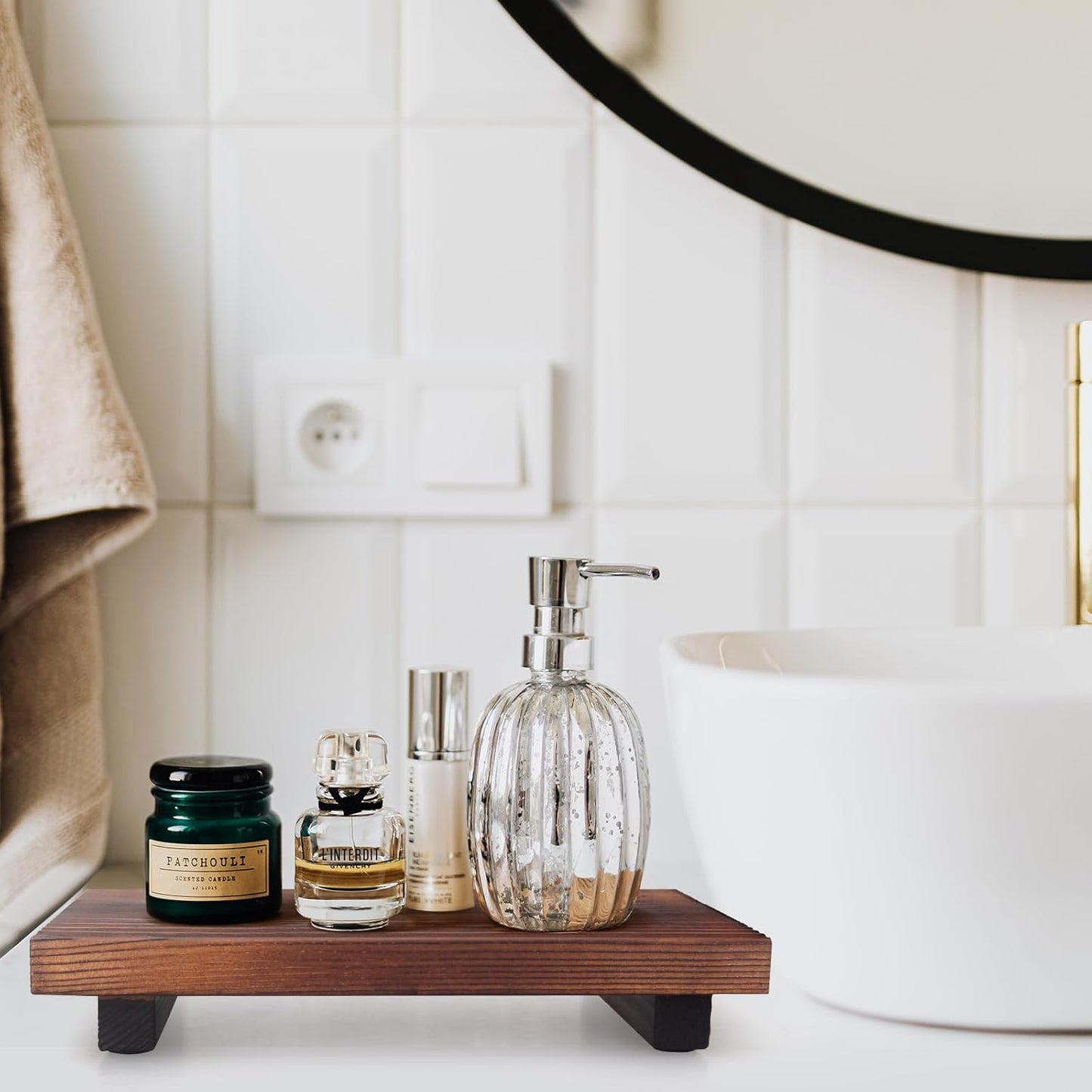Black Bathroom Vanity Organizer Tray for Countertop Small Wooden Pedestal Stand Farmhouse Kitchen Sink Tray Decorative Hand Soap Dish Dispenser Holder Wood Risers Modern Bathroom Decor Accessories