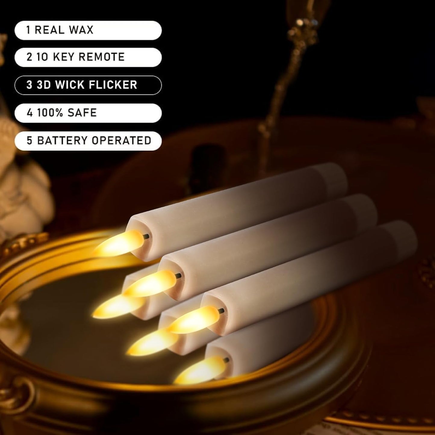 KSWING Upgraded Real Wax Short LED Flameless Taper Candles with Remote, 6 PCS White Candlesticks Battery Operated 3D Flickering - 6" Realistic Fake Candle Sticks for Home/Wedding/Fireplace Xmas Decor