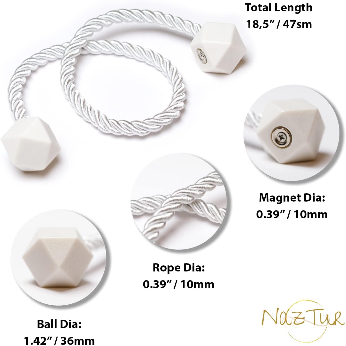 NazTur Magnetic Curtain Tiebacks- Upgrade 2022 with a Thicker Twist Rope & Strong Magnet Tieback Window Treatment Holdbacks Draperies Holders Decorative Drape Handmade Tie Back (Black, 2)