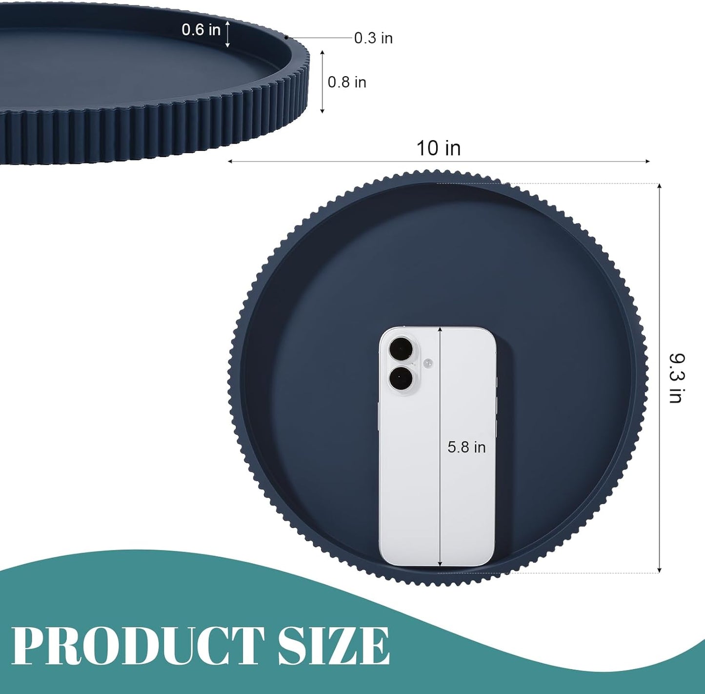 Silicone Bathroom Tray Round Kitchen Counter Organizer Decorative Vanity Accessories Coffee Table Decor for Perfume, Candle, Soap Dish, 9 Inch, Black
