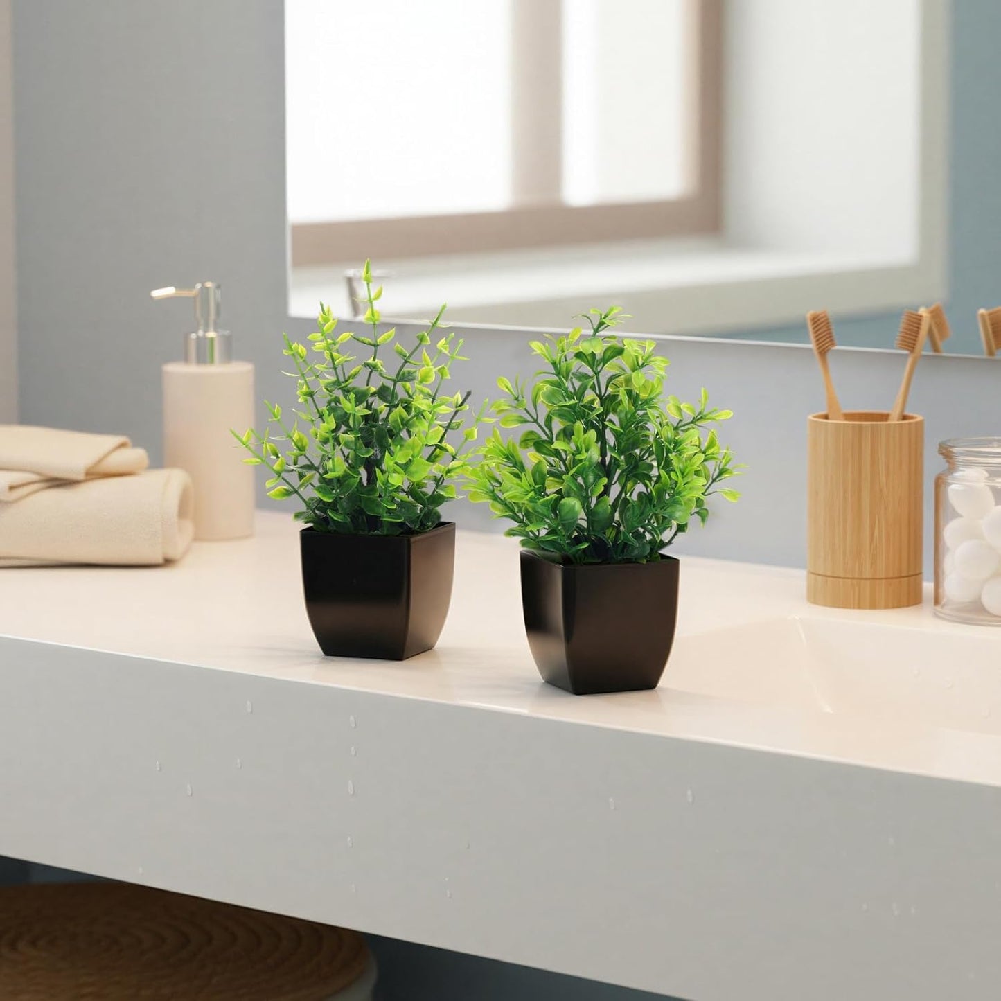 CEWOR Fake Plants 2 Pack Mini Potted Plants Bathroom Accessories Small Artificial Greenery Decorations for Bathroom Office Home Room Kitchen Table Indoor