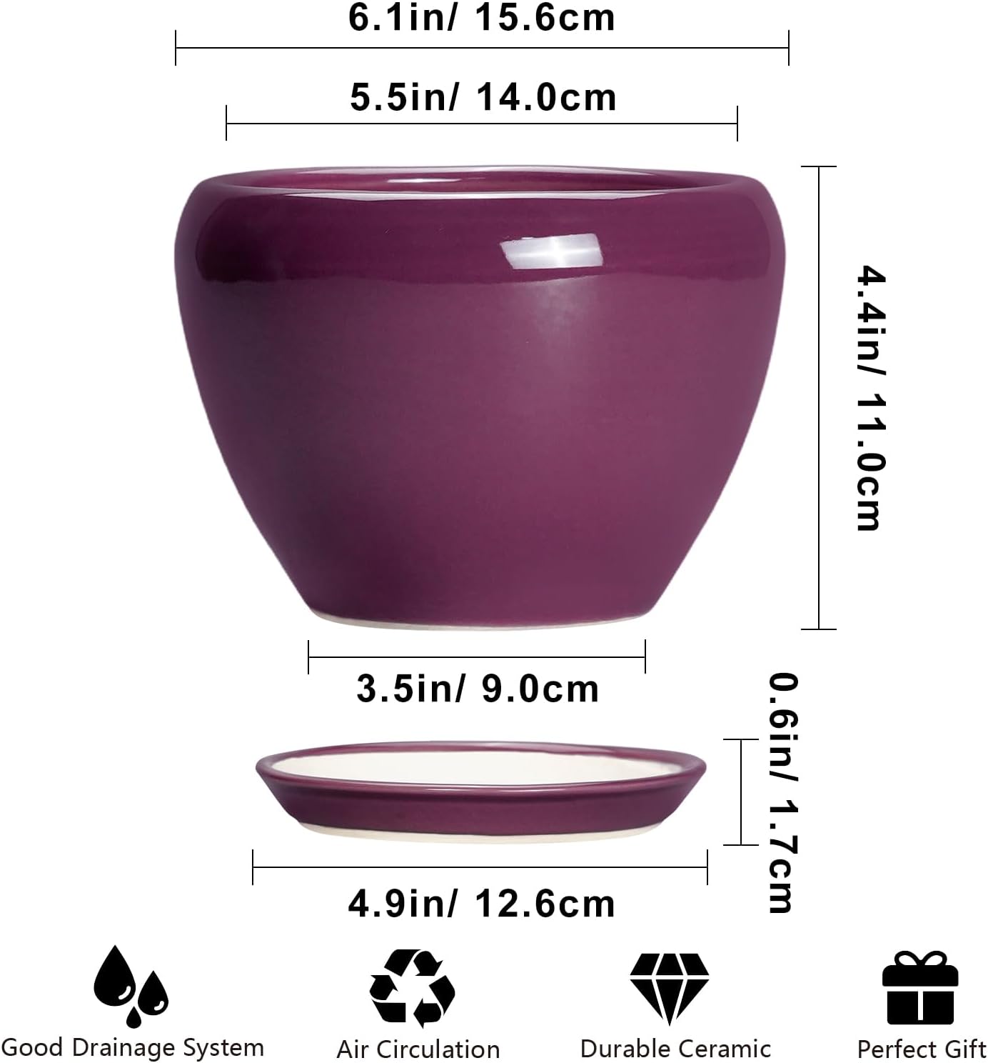 Ceramic Modern Glaze Succulent Planter Pot with Drainage Hole and Saucer 6 Inch Round Flower Plant Pot for Indoor Outdoor Herb Snake Plants