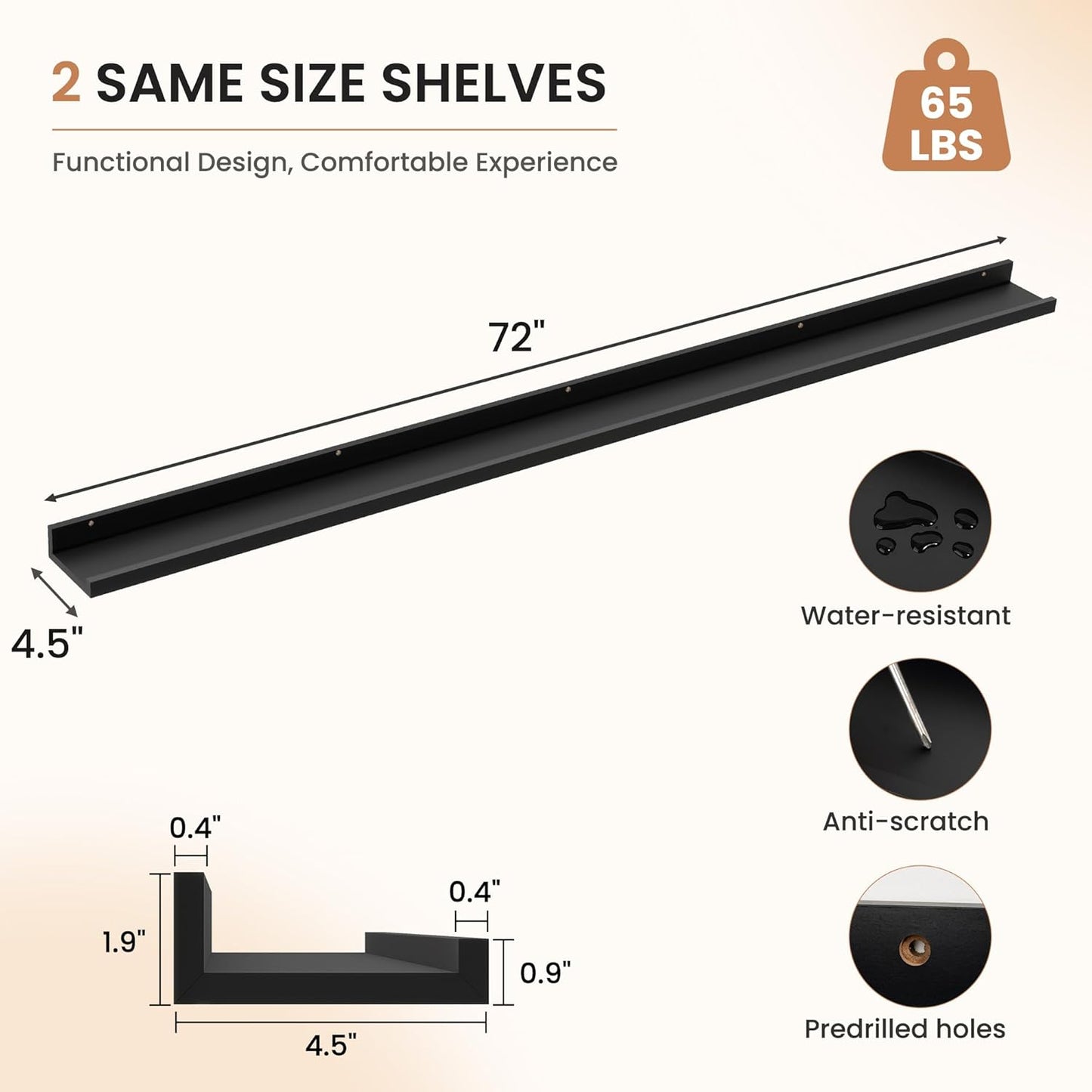 Dreamland Picture Ledge Shelf for Wall, Floating Shelves Set of 2, 48 Inch Long Floating Shelves with Lip for Living Room, Bedroom, Bathroom, Kitchen, White