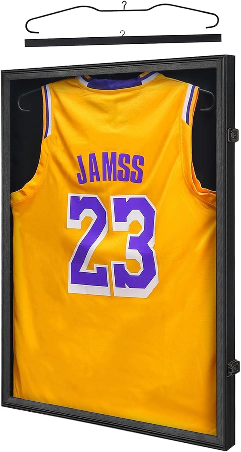 KCRasan Jersey Display Frame Case - Large Lockable Frames Shadow Box with UV Protection for Baseball Basketball Football Soccer Hockey Sport Shirt Matte Black Finish