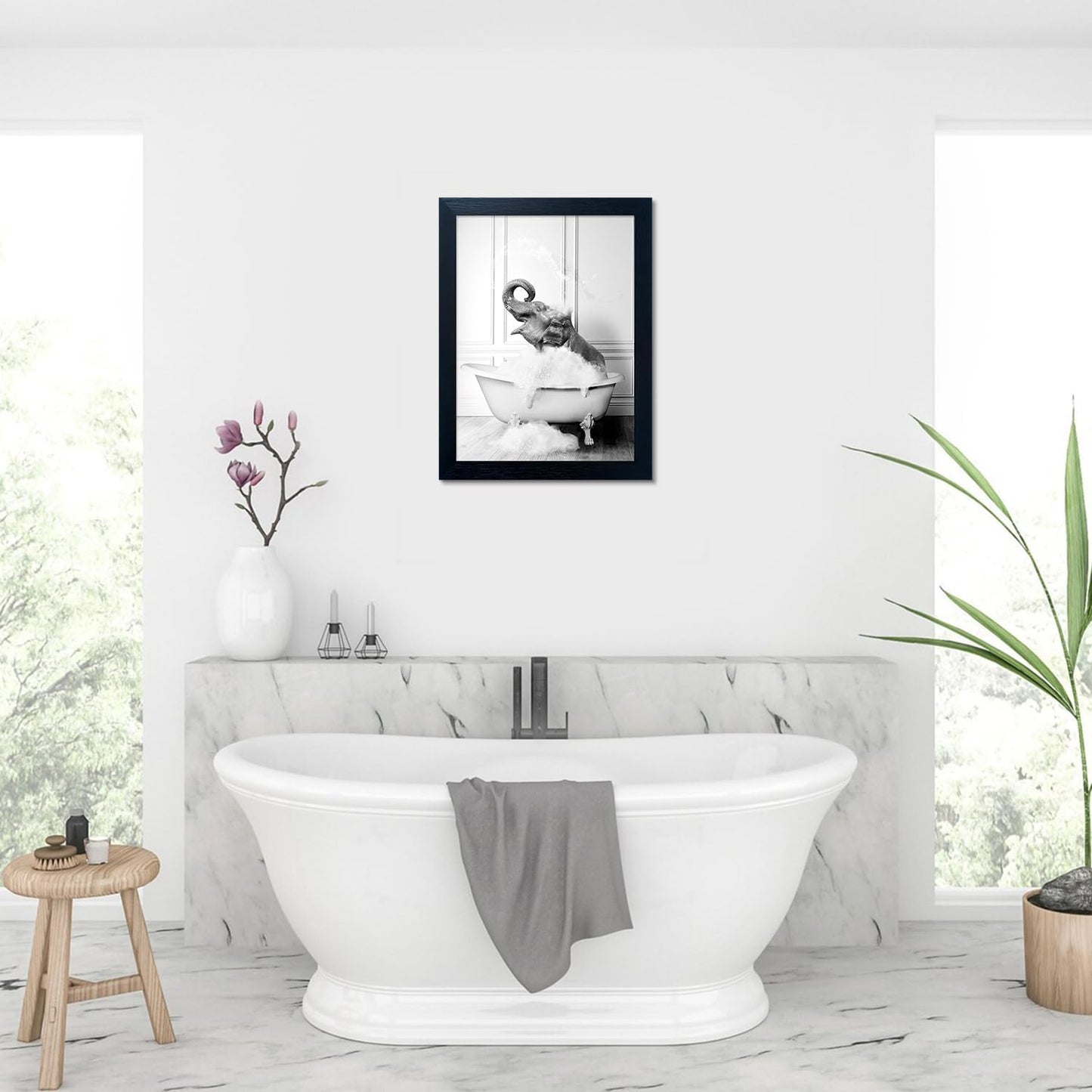 Bathroom Picture Wall Decor, Framed Black and White Bathroom Wall Art, Toilet Paper in Little Funny Raccoon's Hand Animal Canvas Print Painting