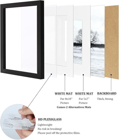 Egofine 8x10 Picture Frames Set of 4, Made of Solid Wood Covered by Plexiglass 4x6 and 5x7 with Mat or 8x10 without Mat, for Table Top Display and Wall Mounting Photo Frame Black