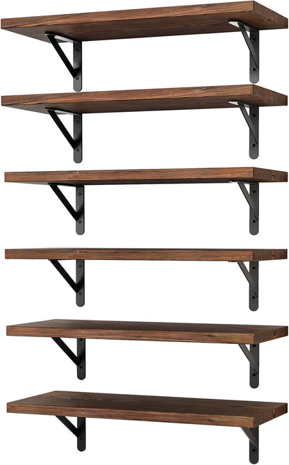 YGEOMER Brown Floating Shelves for Wall, 16.5 Inch Farmhouse Wall Shelves for Bedroom, Bathroom Storage, Living Room and Kitchen Decor (Set of 6 Brown)