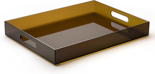 ATZYmolin 16"x12" Large Acrylic Serving Tray Decorative Ottoman Coffee Table Vanity Tray Tea Fruit Platter Snack Appetizer Dessert Drink with Handles for Bar Kitchen Party, Amber