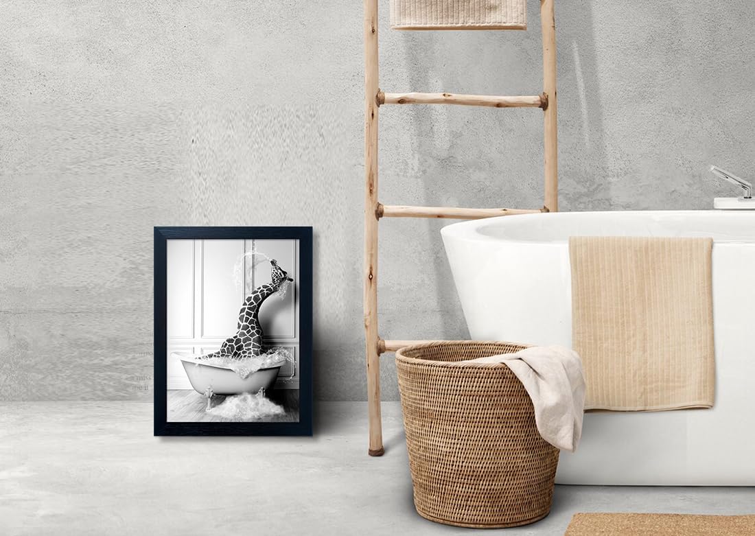 Bathroom Picture Wall Decor, Framed Black and White Bathroom Wall Art, Toilet Paper in Little Funny Raccoon's Hand Animal Canvas Print Painting
