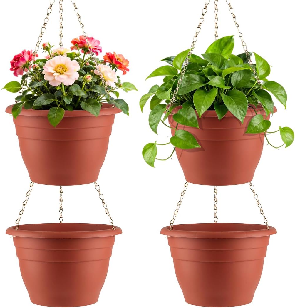 RooTrimmer Hanging Planters for Indoor Outdoor Plants 8 and 10 Inch, 4 Packs Hanging Flower Pot with Drainage Holes, Self-Watering Hanging Basket Perfect for Home, Office and Garden, White