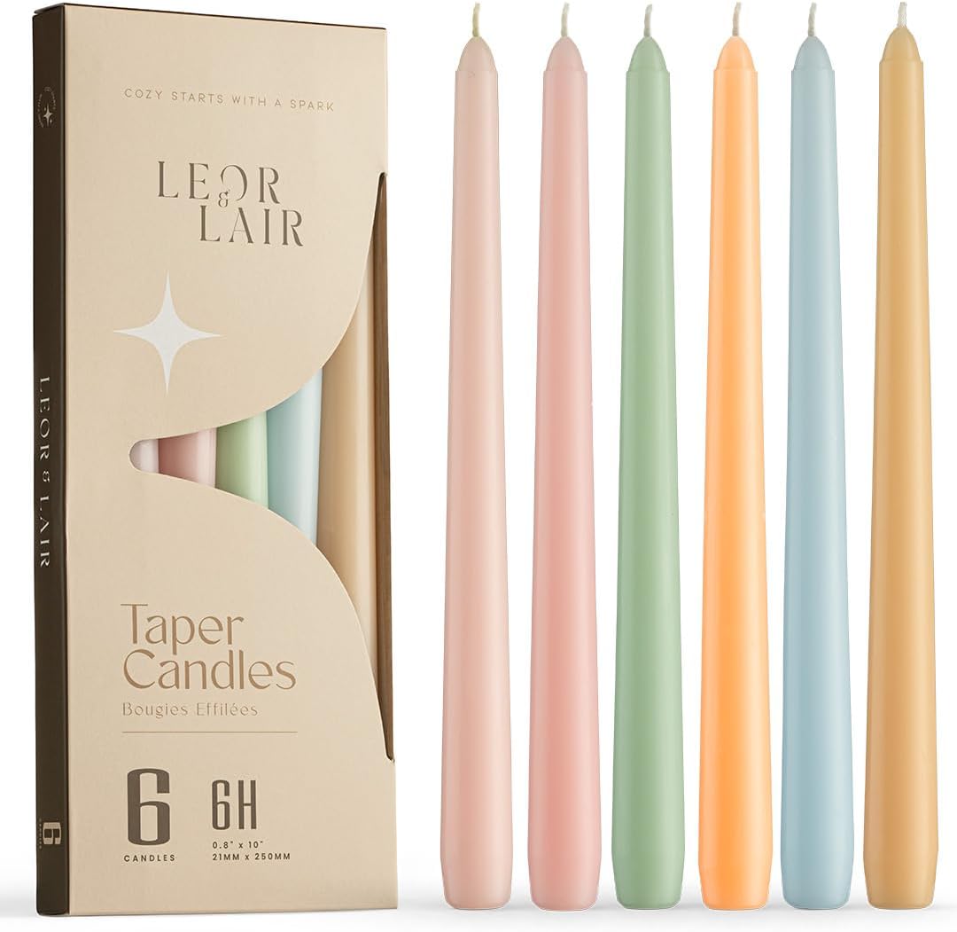 Leor & Lair Pastel Taper Candles 6 Pack - 10" Decorative Tall Candle Sticks with 6 Hour Burn Time - Pastel Candlesticks for Easter Decorations, Wedding & Party Table Decor
